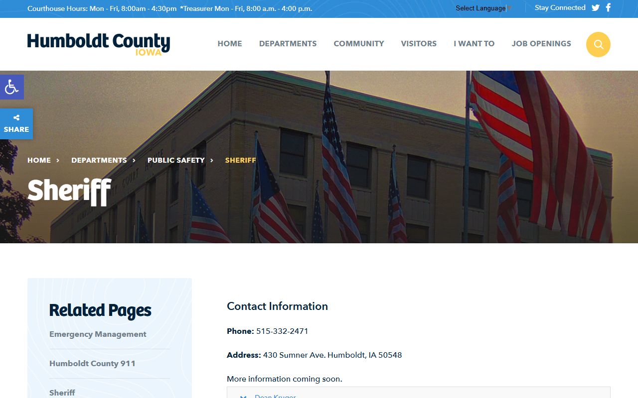 Humboldt County sheriff page for inmate custody contact information
